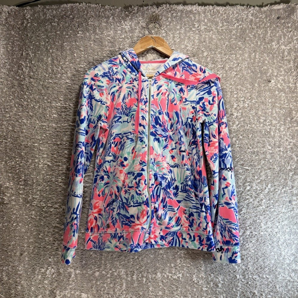 Lilly Pulitzer Larina Velour Full Zip Hoodie Cabana Cocktail Print Small
